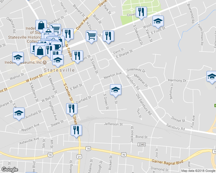 map of restaurants, bars, coffee shops, grocery stores, and more near 314 Dockery Street in Statesville