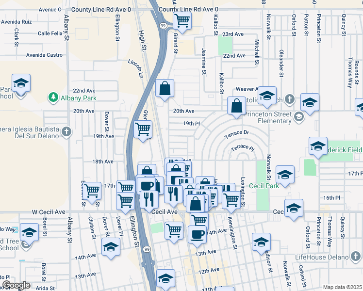 map of restaurants, bars, coffee shops, grocery stores, and more near 725 18th Place in Delano
