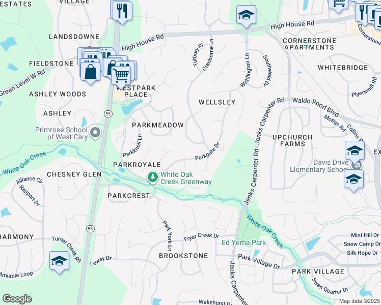 map of restaurants, bars, coffee shops, grocery stores, and more near 103 Barriedale Circle in Cary