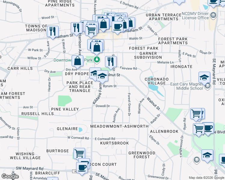map of restaurants, bars, coffee shops, grocery stores, and more near 120 Byrum Street in Cary