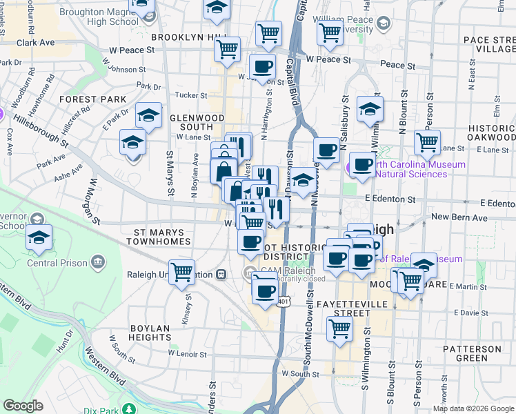 map of restaurants, bars, coffee shops, grocery stores, and more near 11 North Harrington Street in Raleigh
