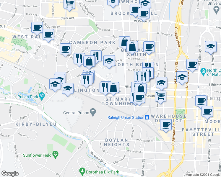 map of restaurants, bars, coffee shops, grocery stores, and more near 47 Snow Avenue in Raleigh