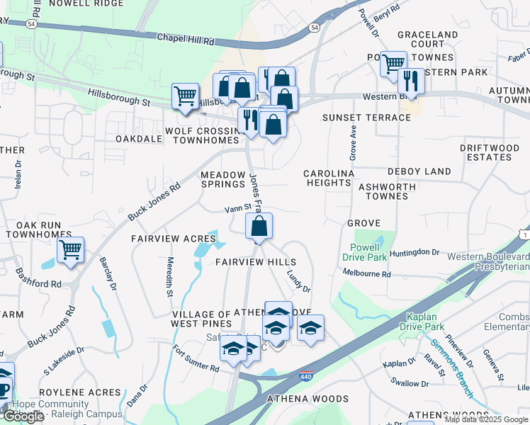 map of restaurants, bars, coffee shops, grocery stores, and more near 200 Jones Franklin Road in Raleigh