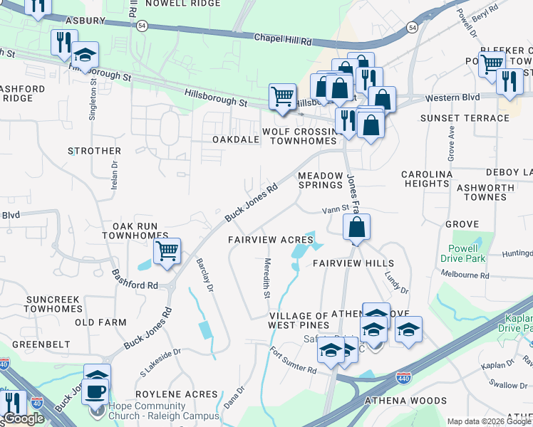 map of restaurants, bars, coffee shops, grocery stores, and more near 214 Wilmot Drive in Raleigh