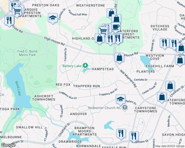 map of restaurants, bars, coffee shops, grocery stores, and more near 347 Buckland Mills Court in Cary