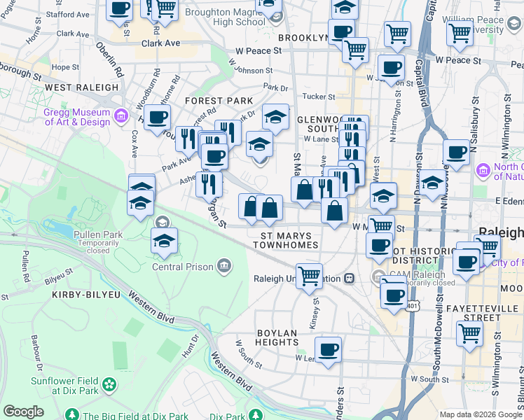 map of restaurants, bars, coffee shops, grocery stores, and more near 47 Snow Avenue in Raleigh