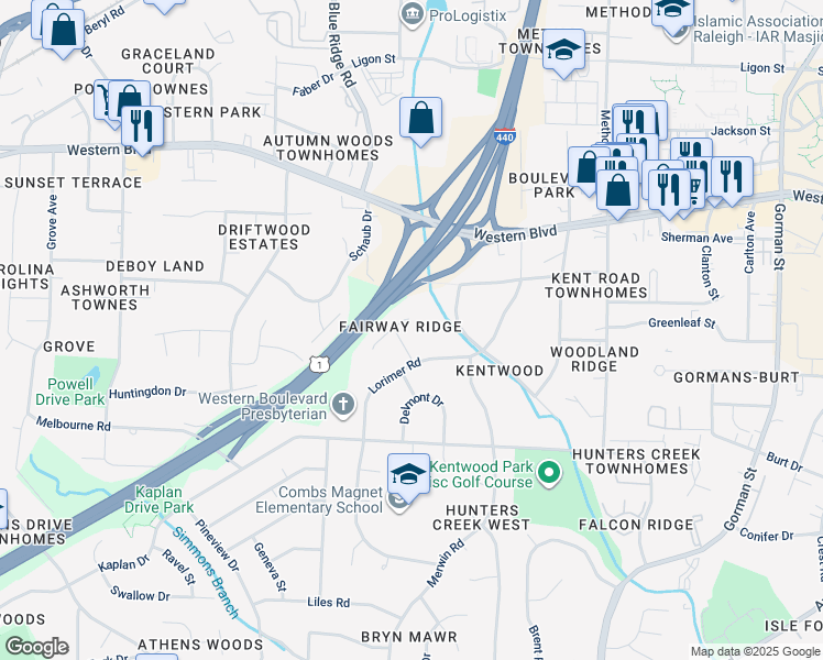 map of restaurants, bars, coffee shops, grocery stores, and more near 1409 Fairway Ridge Drive in Raleigh