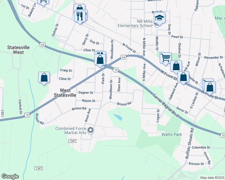 map of restaurants, bars, coffee shops, grocery stores, and more near 543 Woodlawn Drive in Statesville