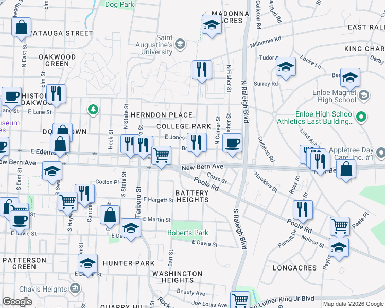 map of restaurants, bars, coffee shops, grocery stores, and more near 7 Hill Street in Raleigh