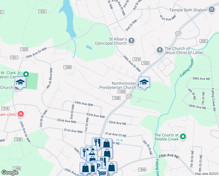 map of restaurants, bars, coffee shops, grocery stores, and more near 57 37th Avenue Northwest in Hickory