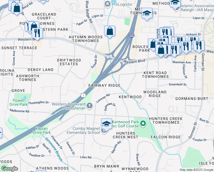 map of restaurants, bars, coffee shops, grocery stores, and more near 1409 Fairway Ridge Drive in Raleigh