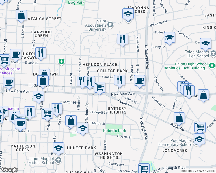 map of restaurants, bars, coffee shops, grocery stores, and more near 1212 Boyer Street in Raleigh