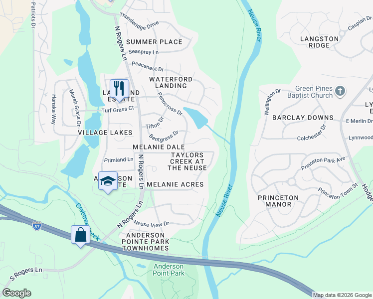 map of restaurants, bars, coffee shops, grocery stores, and more near 5401 Daleview Drive in Raleigh