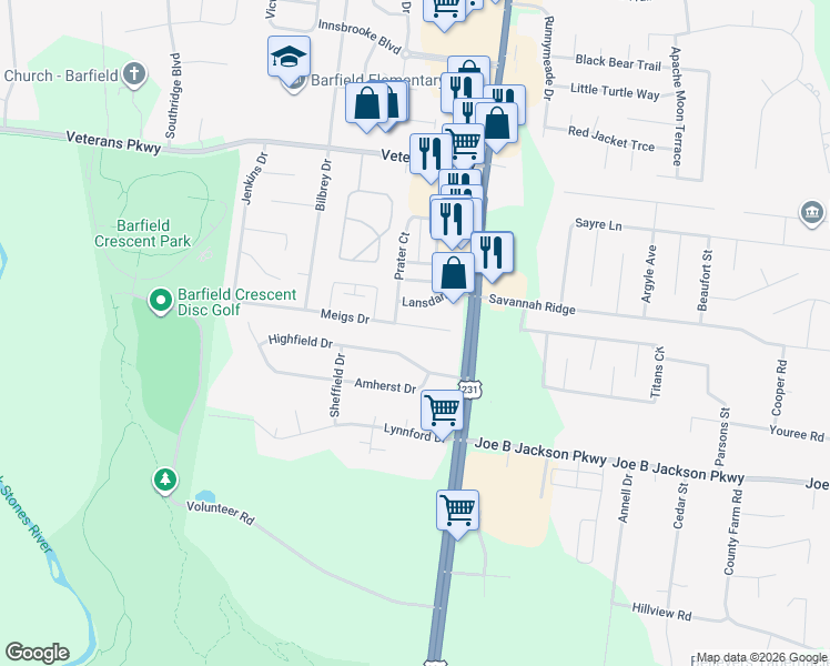 map of restaurants, bars, coffee shops, grocery stores, and more near 126 Meigs Drive in Murfreesboro