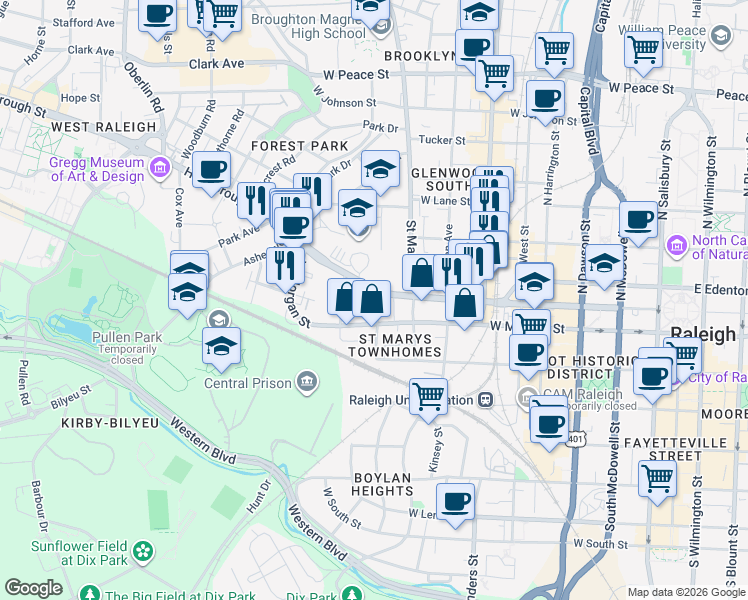 map of restaurants, bars, coffee shops, grocery stores, and more near 50 Snow Avenue in Raleigh