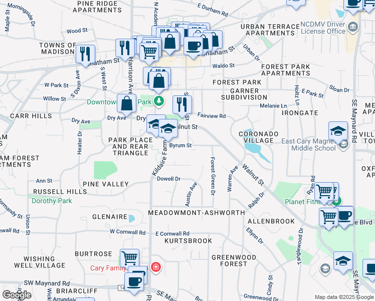 map of restaurants, bars, coffee shops, grocery stores, and more near 120 Byrum Street in Cary