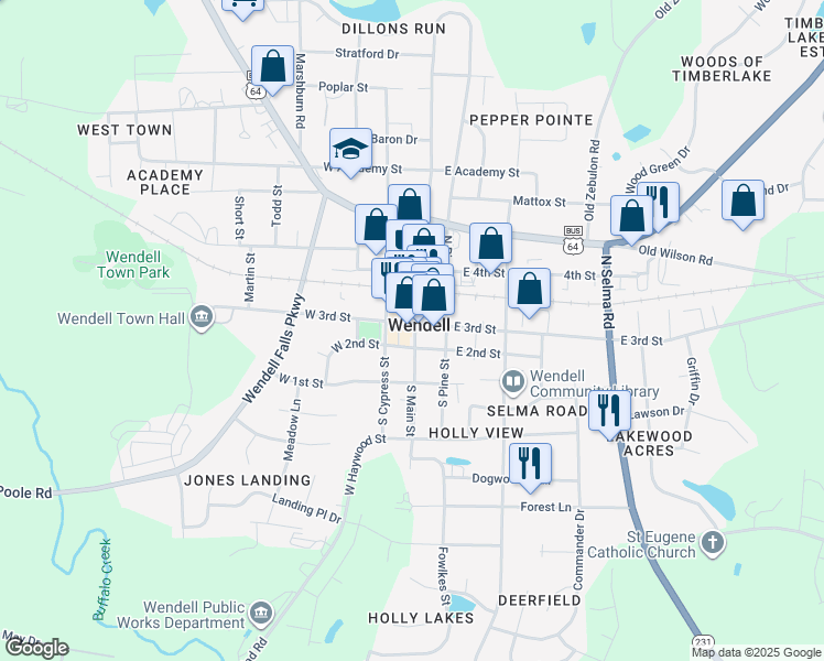 map of restaurants, bars, coffee shops, grocery stores, and more near 15 West 3rd Street in Wendell