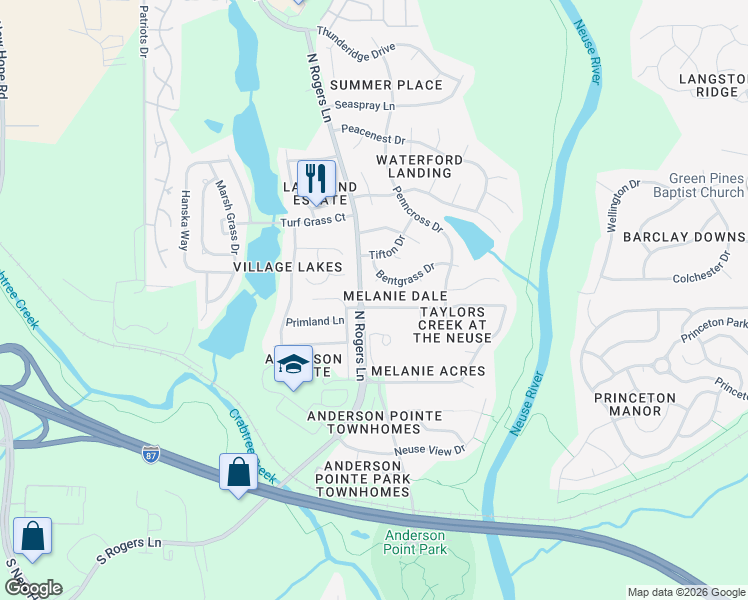 map of restaurants, bars, coffee shops, grocery stores, and more near 5301 Daleview Drive in Raleigh