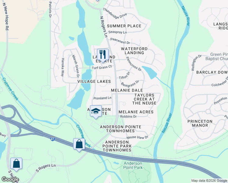 map of restaurants, bars, coffee shops, grocery stores, and more near 5137 Heather Ridge Lane in Raleigh