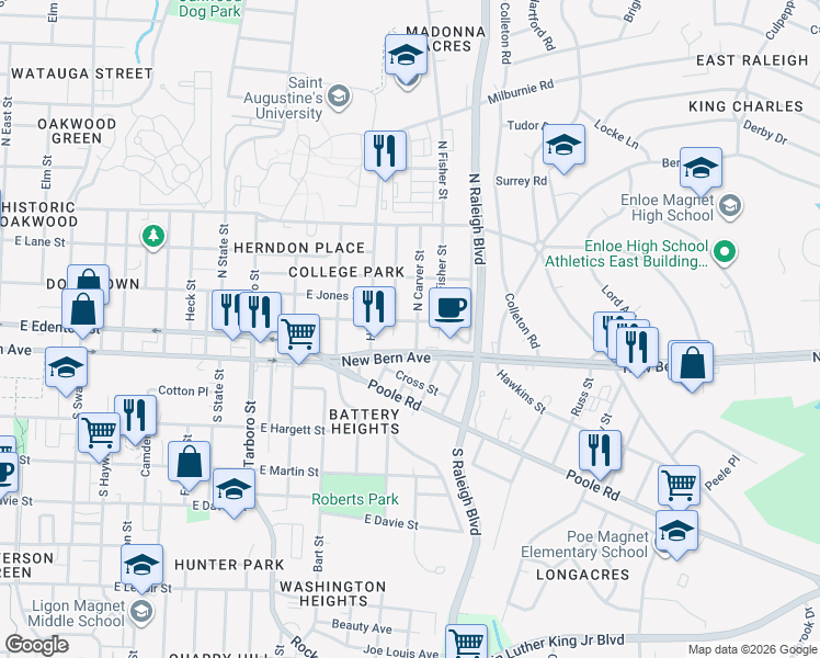 map of restaurants, bars, coffee shops, grocery stores, and more near 1506 Boyer Street in Raleigh