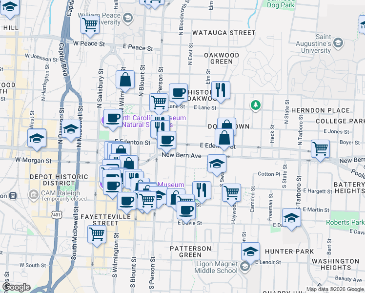 map of restaurants, bars, coffee shops, grocery stores, and more near 99-7 North Bloodworth Street in Raleigh