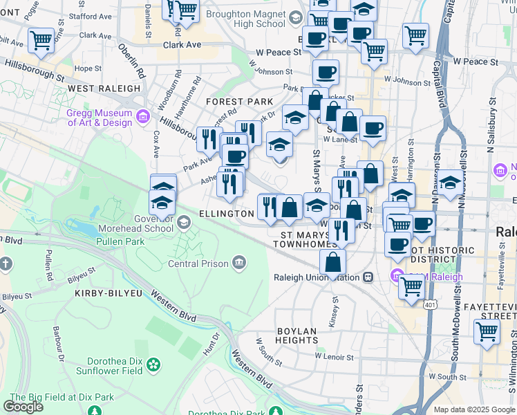 map of restaurants, bars, coffee shops, grocery stores, and more near 15 Mayo Street in Raleigh