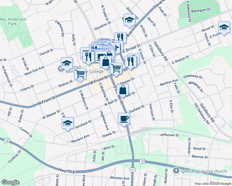 map of restaurants, bars, coffee shops, grocery stores, and more near 421 South Center Street in Statesville