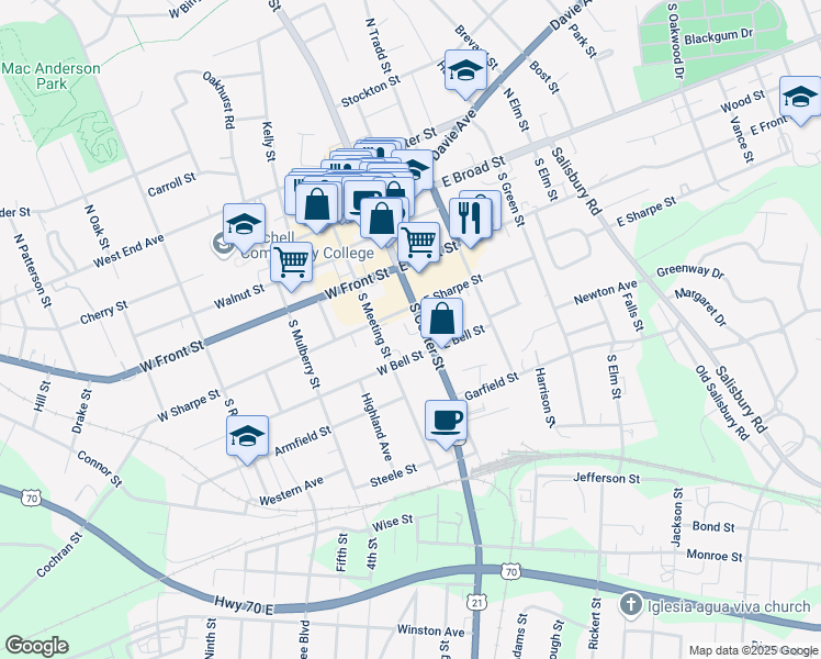 map of restaurants, bars, coffee shops, grocery stores, and more near 409 South Meeting Street in Statesville