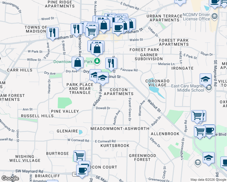 map of restaurants, bars, coffee shops, grocery stores, and more near 120 Byrum Street in Cary