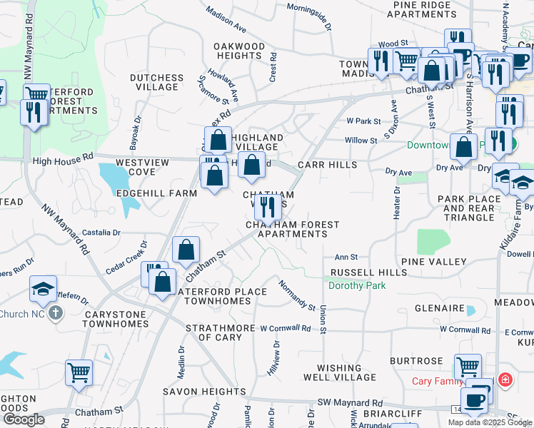 map of restaurants, bars, coffee shops, grocery stores, and more near 830 West Chatham Street in Cary