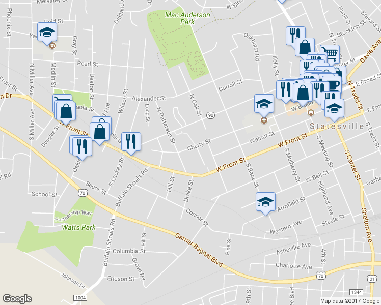 map of restaurants, bars, coffee shops, grocery stores, and more near 809 Cherry Street in Statesville