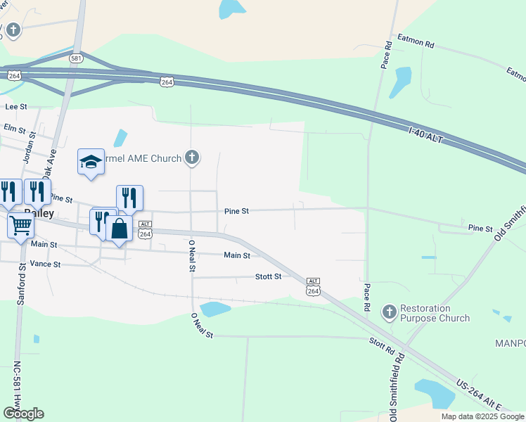 map of restaurants, bars, coffee shops, grocery stores, and more near 5741 Pine Street in Bailey