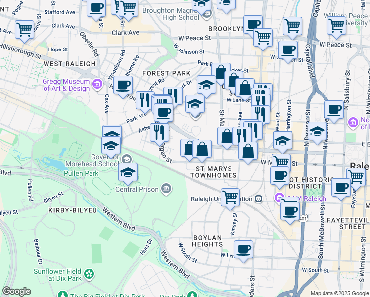 map of restaurants, bars, coffee shops, grocery stores, and more near 20 Mayo Street in Raleigh
