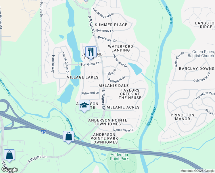 map of restaurants, bars, coffee shops, grocery stores, and more near 5301 Daleview Drive in Raleigh