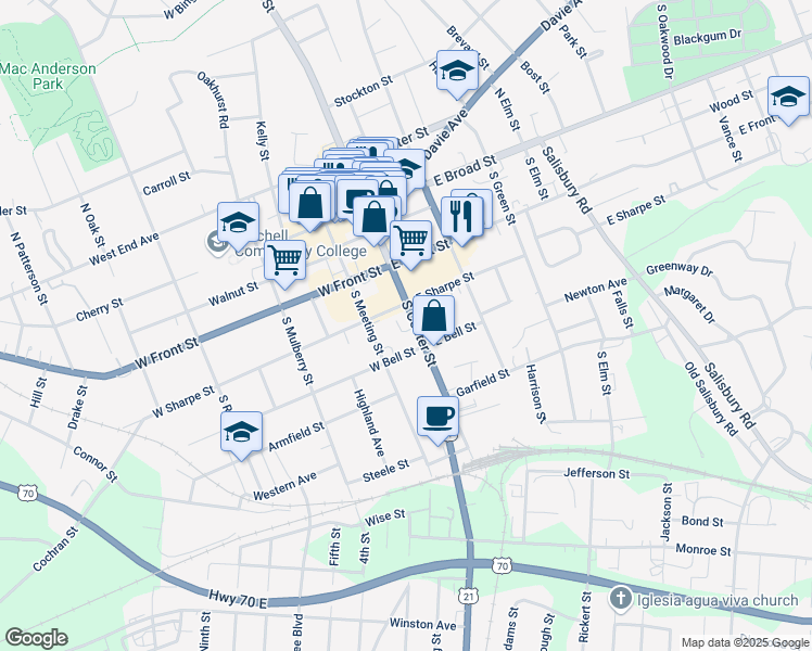 map of restaurants, bars, coffee shops, grocery stores, and more near 416 South Center Street in Statesville