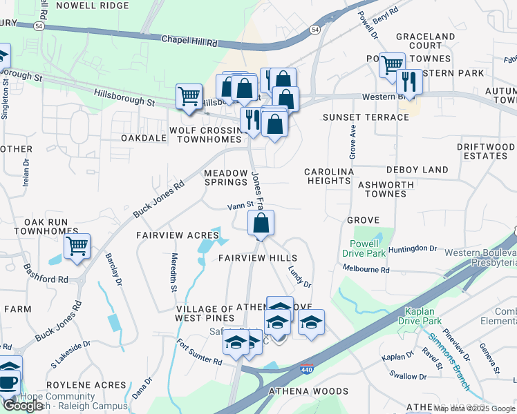 map of restaurants, bars, coffee shops, grocery stores, and more near 200 Jones Franklin Road in Raleigh
