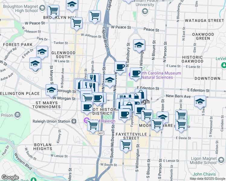 map of restaurants, bars, coffee shops, grocery stores, and more near 200 Hillsborough Street in Raleigh