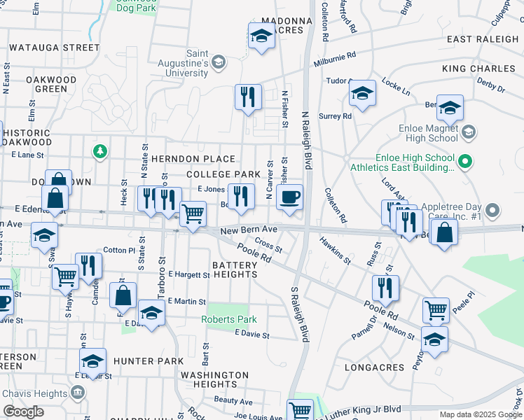 map of restaurants, bars, coffee shops, grocery stores, and more near 1508 Boyer Street in Raleigh