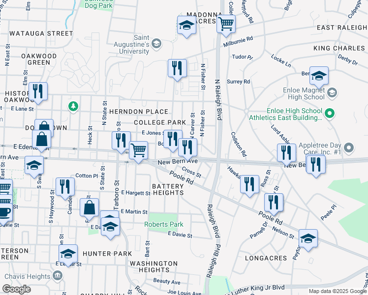 map of restaurants, bars, coffee shops, grocery stores, and more near 1504 Boyer Street in Raleigh