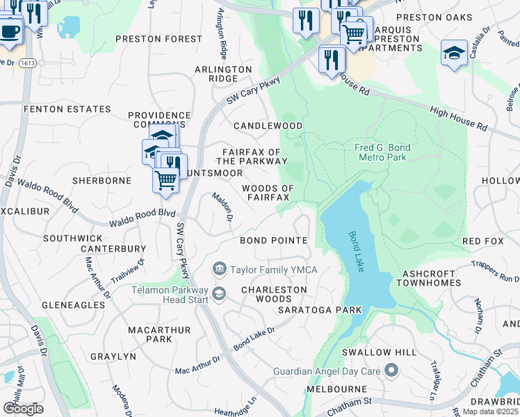 map of restaurants, bars, coffee shops, grocery stores, and more near 135 Huntsmoor Lane in Cary