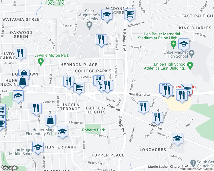 map of restaurants, bars, coffee shops, grocery stores, and more near 1508 Boyer Street in Raleigh