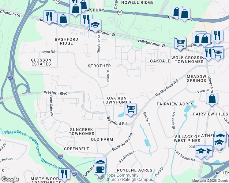 map of restaurants, bars, coffee shops, grocery stores, and more near 442 Oak Run Drive in Raleigh