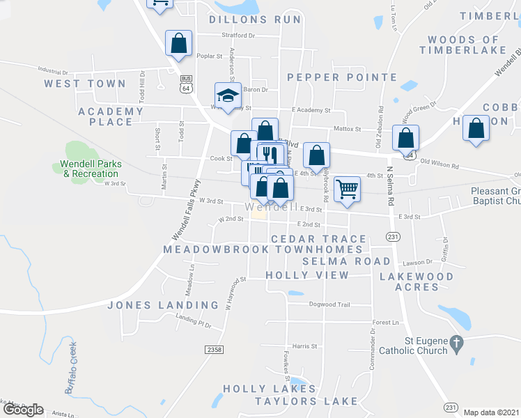 map of restaurants, bars, coffee shops, grocery stores, and more near 15 West 3rd Street in Wendell