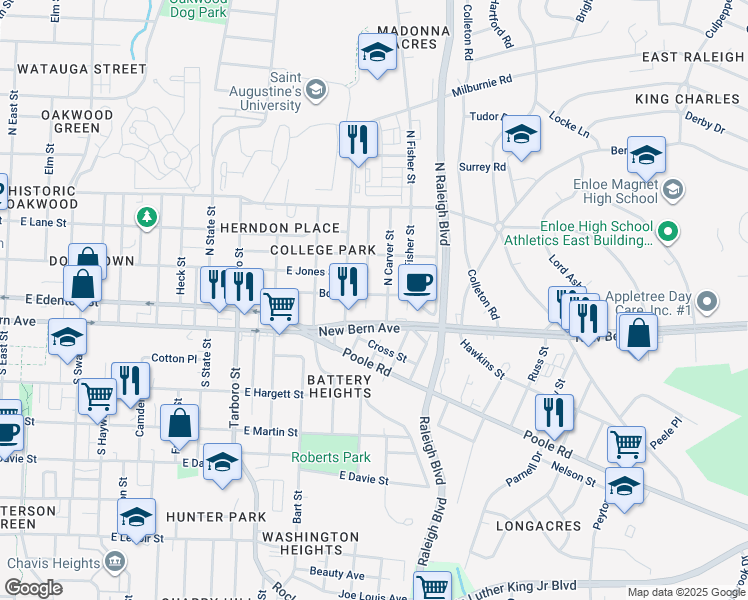 map of restaurants, bars, coffee shops, grocery stores, and more near 1504 Boyer Street in Raleigh