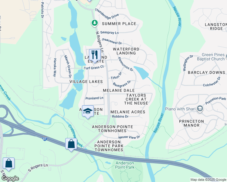map of restaurants, bars, coffee shops, grocery stores, and more near 5301 Daleview Drive in Raleigh