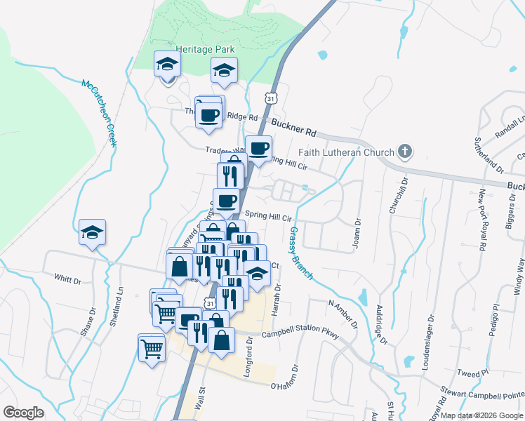 map of restaurants, bars, coffee shops, grocery stores, and more near 2104 Spring Hill Circle in Spring Hill