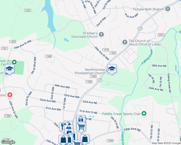 map of restaurants, bars, coffee shops, grocery stores, and more near 32 37th Ave NW in Hickory