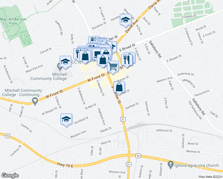 map of restaurants, bars, coffee shops, grocery stores, and more near 414 South Center Street in Statesville