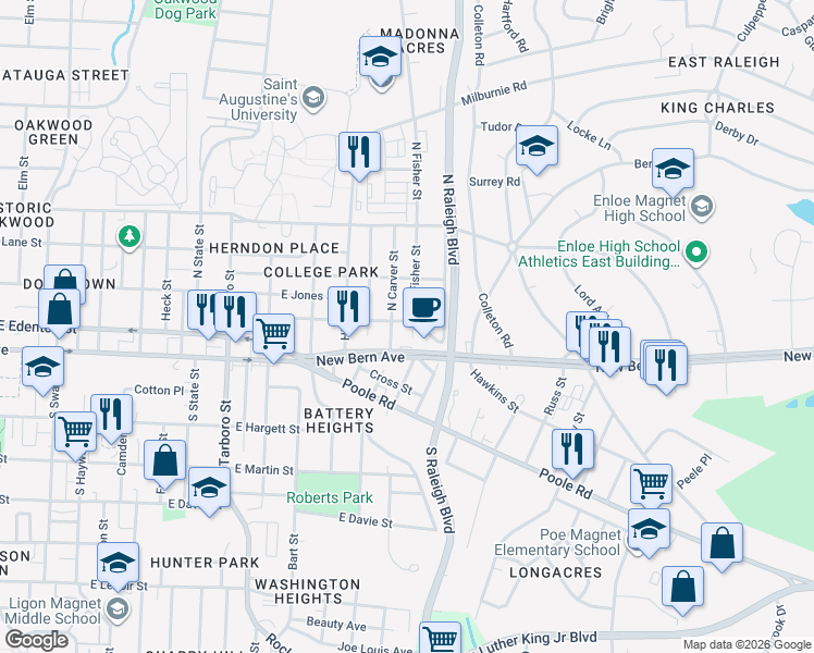 map of restaurants, bars, coffee shops, grocery stores, and more near 1618 Boyer Street in Raleigh