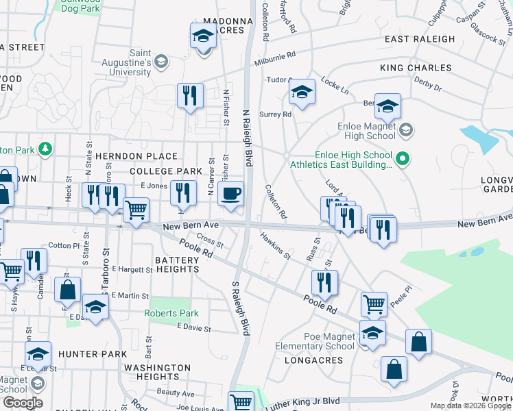 map of restaurants, bars, coffee shops, grocery stores, and more near 107 Waldrop Street in Raleigh